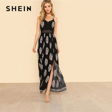 Load image into Gallery viewer, SHEIN Lace Waist Split Front Cami Dress Women V Neck Spaghetti Strap Sleeveless Maxi Dress 2018 Summer Tribal High Waist Dress