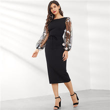 Load image into Gallery viewer, SHEIN Black Applique Embroidered Mesh Sleeve Pencil Dress Women Autumn Elegant Casual Boat Neck Bishop Sleeve Pencil Dresses