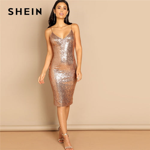SHEIN Going Out Pink Sequin Cami Spaghetti Strap Knee Length Corset Sheath Dress Elegant Women Autumn Modern Lady Dresses