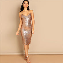 Load image into Gallery viewer, SHEIN Going Out Pink Sequin Cami Spaghetti Strap Knee Length Corset Sheath Dress Elegant Women Autumn Modern Lady Dresses