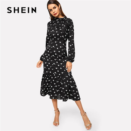 SHEIN Black Tied Neck Star Print Flounce Hem Dress Elegant Long Sleeve High Waist Slim Fit Dress Autumn Modern Lady Women Dress