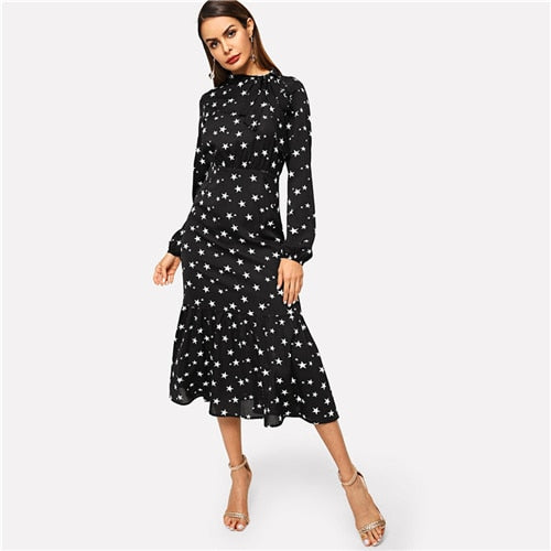 SHEIN Black Tied Neck Star Print Flounce Hem Dress Elegant Long Sleeve High Waist Slim Fit Dress Autumn Modern Lady Women Dress