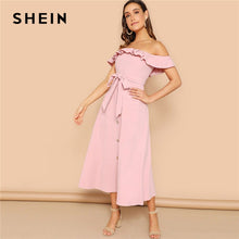 Load image into Gallery viewer, SHEIN Pink Boho Flounce Foldover Off Shoulder Button Front Belted Maxi Dress Women Summer Beach Casual Sleeveless Long Dress