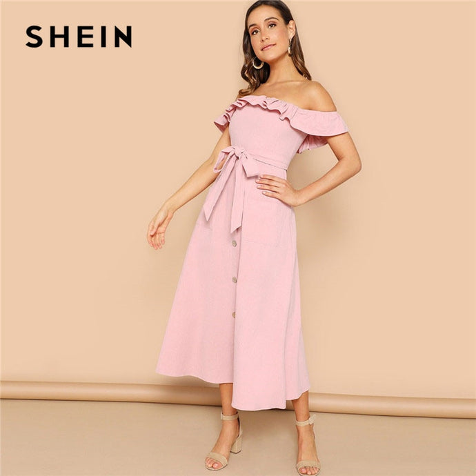 SHEIN Pink Boho Flounce Foldover Off Shoulder Button Front Belted Maxi Dress Women Summer Beach Casual Sleeveless Long Dress