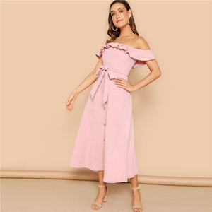 SHEIN Pink Boho Flounce Foldover Off Shoulder Button Front Belted Maxi Dress Women Summer Beach Casual Sleeveless Long Dress