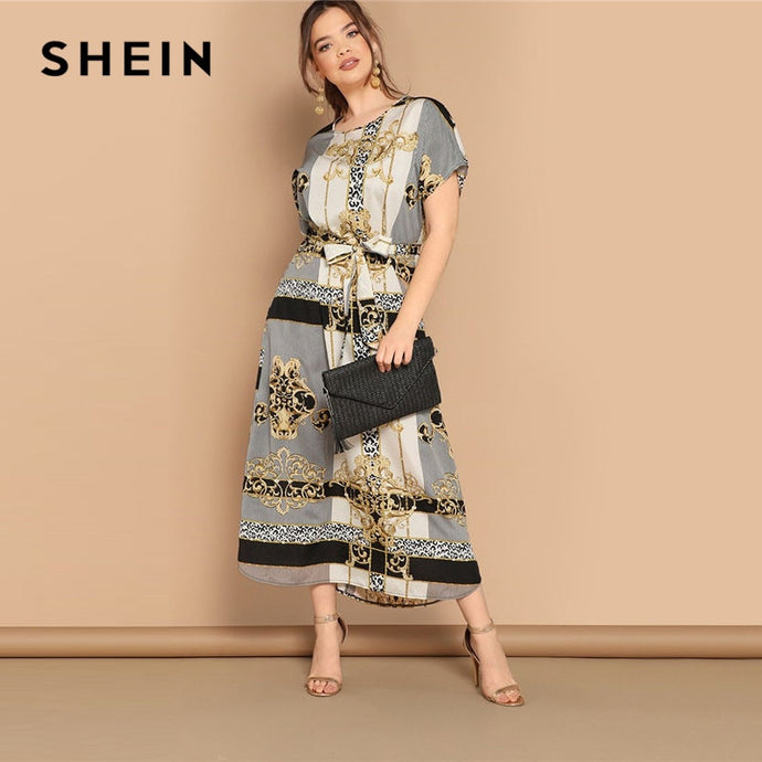 SHEIN Plus Size Mixed Scarf Print Curved Hem Belted Maxi Dress Women Modest Casual Short Sleeve Straight Summer Dresses