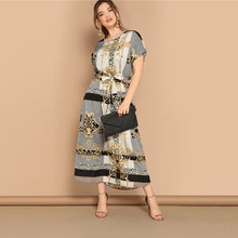 Load image into Gallery viewer, SHEIN Plus Size Mixed Scarf Print Curved Hem Belted Maxi Dress Women Modest Casual Short Sleeve Straight Summer Dresses