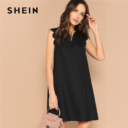 SHEIN Lady Solid V-Neck Scallop Trim Trapeze Mini Elegant Dress Women Clothes 2019 Casual Sleeveless Black Summer Dress