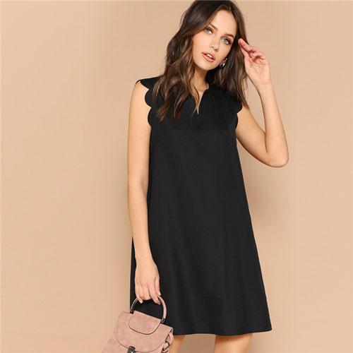 SHEIN Lady Solid V-Neck Scallop Trim Trapeze Mini Elegant Dress Women Clothes 2019 Casual Sleeveless Black Summer Dress