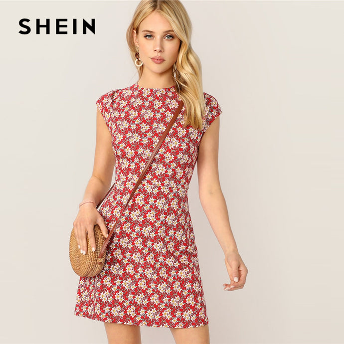 SHEIN Red Stand Collar Zip Back Ditsy Floral Fit And Flare Short Slim Dress Women Elegant Summer Short Sleeve Dresses
