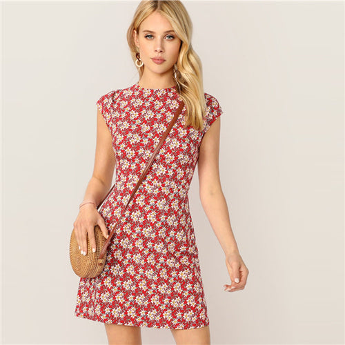 SHEIN Red Stand Collar Zip Back Ditsy Floral Fit And Flare Short Slim Dress Women Elegant Summer Short Sleeve Dresses